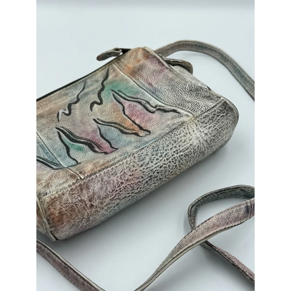 Vintage Botary Abstract Art Leather Crossbody Bag Hand Painted Pockets 90's